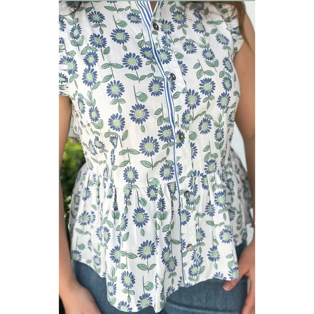 Entro Womens Button Front Sleeveless Floral 100% Cotton Peplum Top Ruffle Trim L
